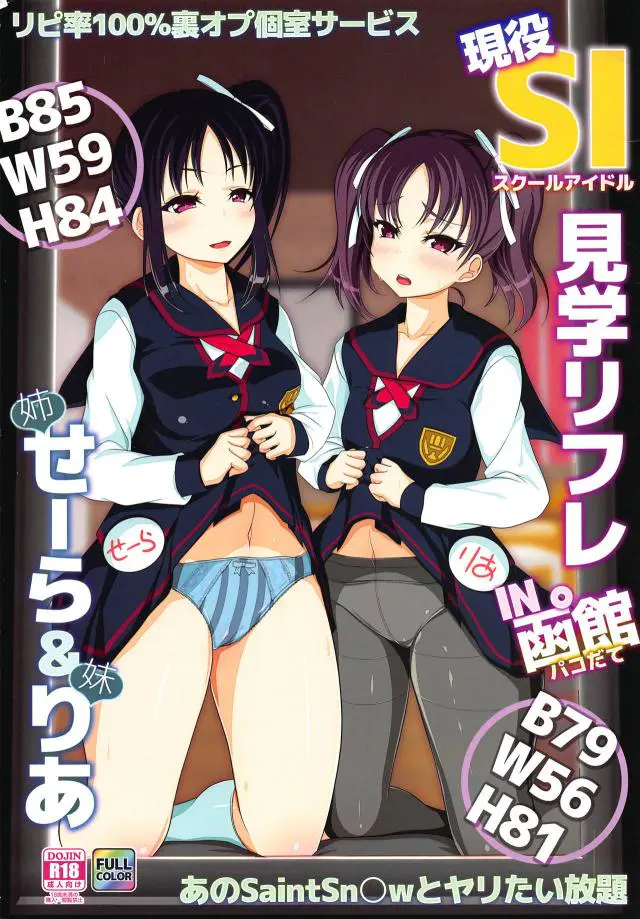 【エロ同人誌・C95】とある喫茶店の裏風俗で鹿角姉妹をご指名し3Pセックスしちゃいます！聖良のご奉仕フェラ堪能し、理亜のたくし上げな黒タイツを堪能。二人揃って別衣装姿にさせ騎乗位や正常位生ハメで痙攣イキ。【ラブライブ！サンシャイン！！】