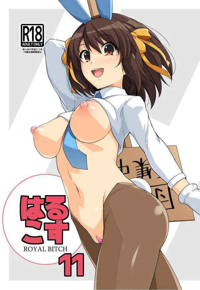 【エロ同人誌】徐々に過激なコスになっていくエロエロ娘ハルヒちゃんのフルカラーイラスト集！露出高めミニスカメイド服でおまんこ丸見えコンドームで膣ハメザーメン絞りしたりニップレスなチアガール、触手に拘束涙目レイプされたりと盛沢山な一冊。【涼宮ハルヒの憂鬱(ハルヒ)】